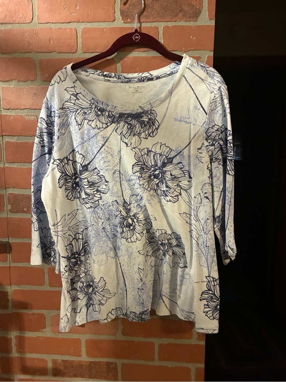 Studio Works White Scoop Neck Top with Navy Floral Print